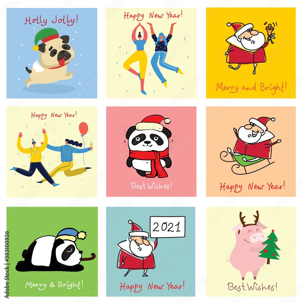 Fototapeta premium Vector illustration of christmas cats, pigs, rats and dogs with Christmas and new year greetings.