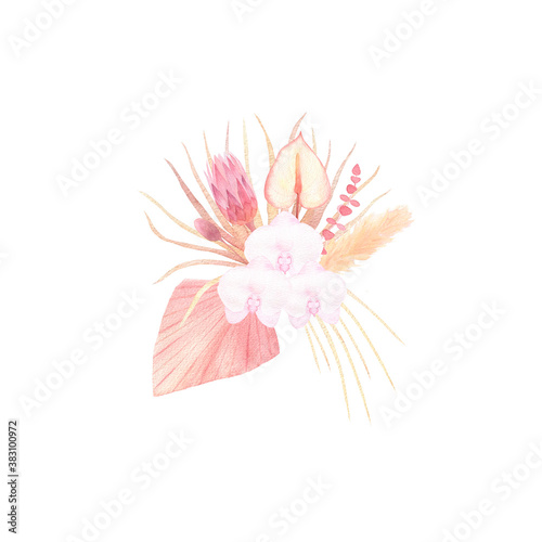 Watercolor bohemian flower bouquet isolated on white background. Boho dried flowers, tropical leaves, pampas grass composition for wedding invitation, greeting cards. 