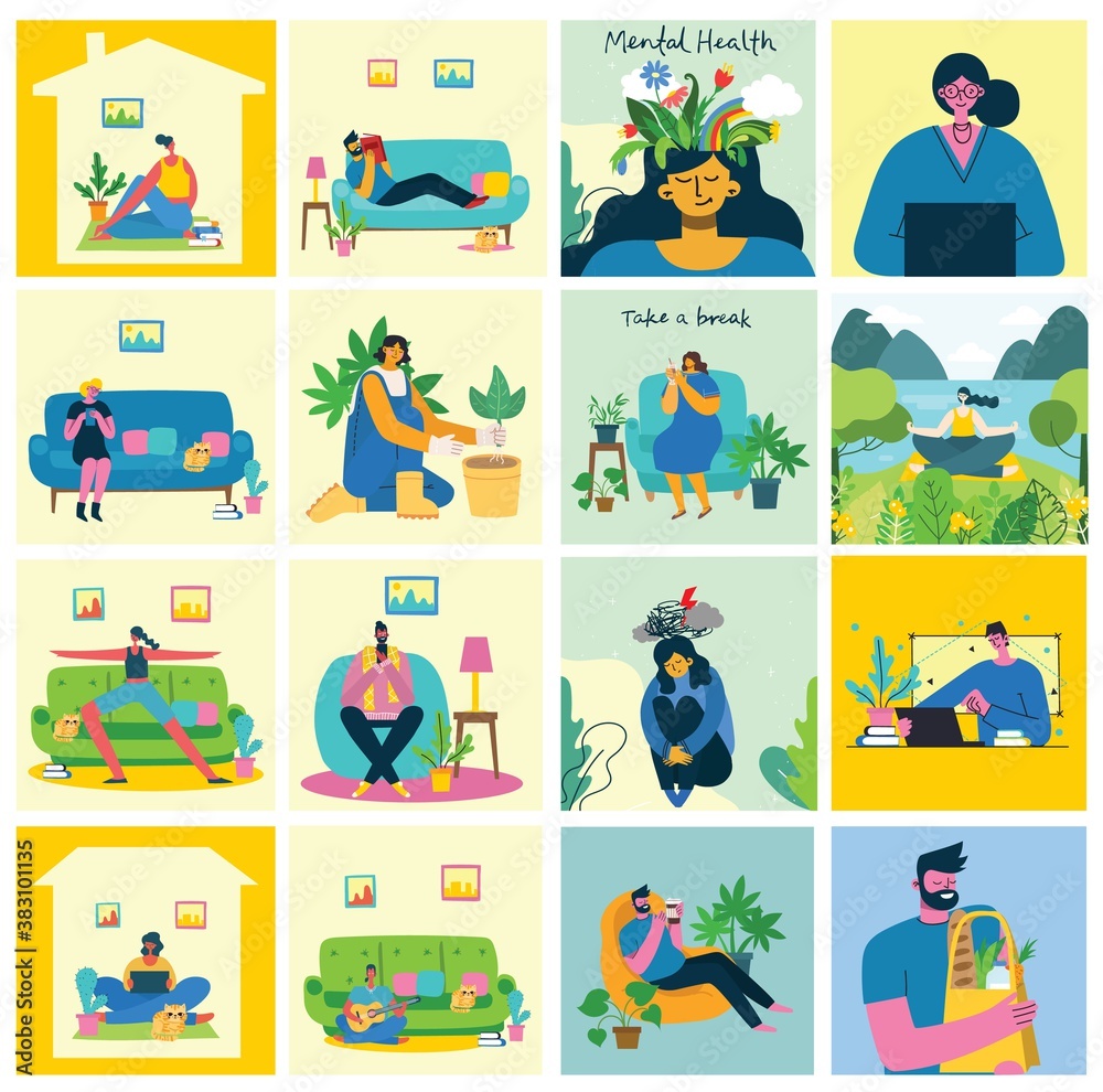 Stay and work at home. People staying at home doing different activity: seat at sofa, jump, work, celebrate, play, do sport, read at home. Vector colorful modern illustration collage