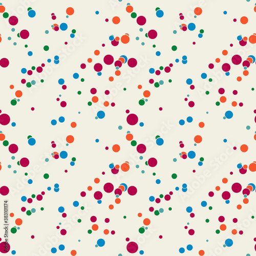 Abstract seamless pattern with colorful chaotic small circles. Infinity dotted messy geometric pattern. Random polka dot. Vector illustration.