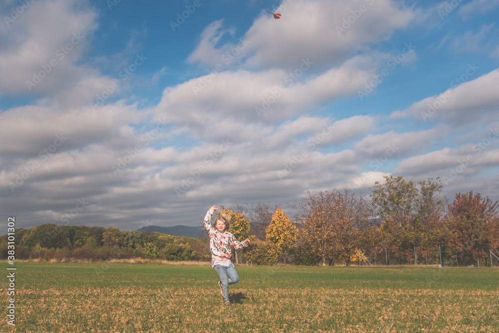 little child playing with colorful kite in rural countryside little child playing with colorful kite in rural countryside