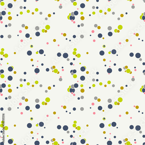 Abstract seamless pattern with colorful chaotic small circles. Infinity dotted messy geometric pattern. Random polka dot. Vector illustration.
