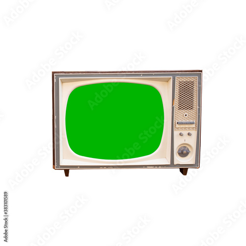 Isolated vintage tube tv with green screen on it