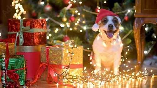 Lovely dog Jer Russell Terrier on the Floor Near Bright Holiday Garlands Next to Gift Boxes. Happy New Year and Merry Christmas Happy holiday