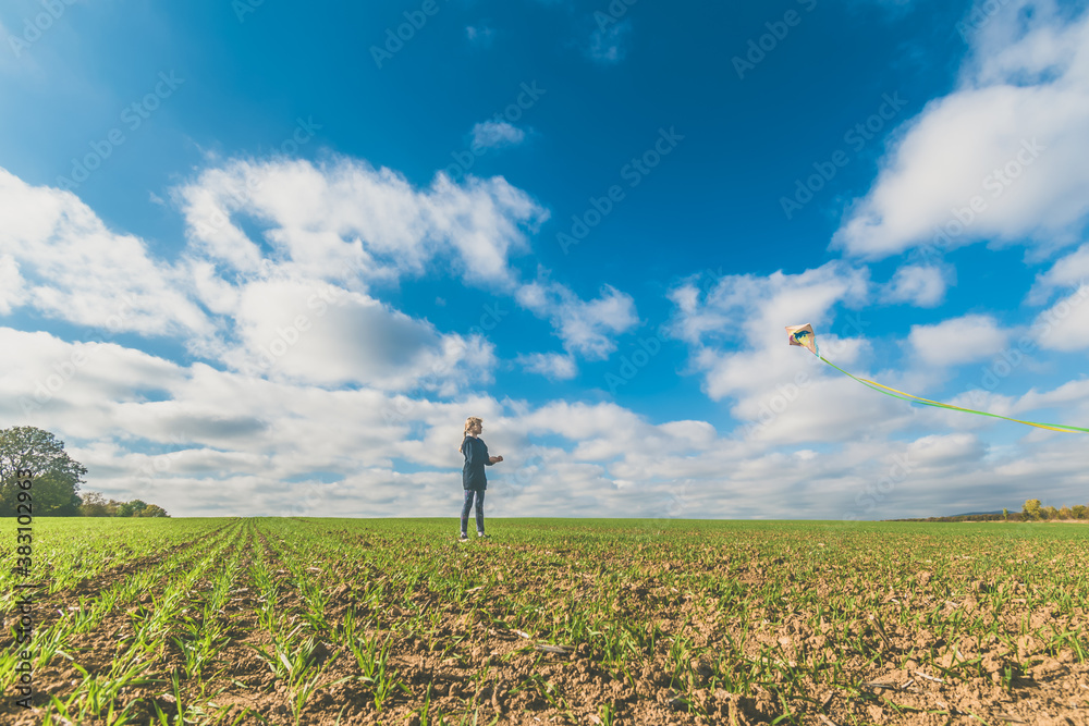 little child playing with colorful kite in rural countryside little child playing with colorful kite in rural countryside