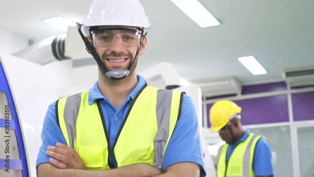 Portrait Caucasian male worker or engineer foreman in safety helmet and glasses smile in arms crossed with confident at industrial plant. man working on high technology machine in factory.