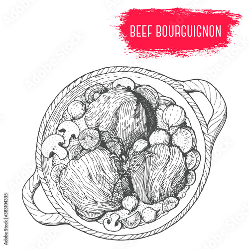 Beef bourguignon hand drawn vector illustration. French cuisine dish. Design sketch element.