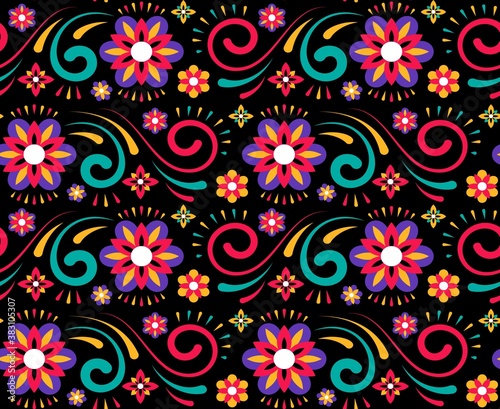 Abstract flower mexican pattern for textile design. Seamless floral vector background. Retro funky graphic. Fashion print.