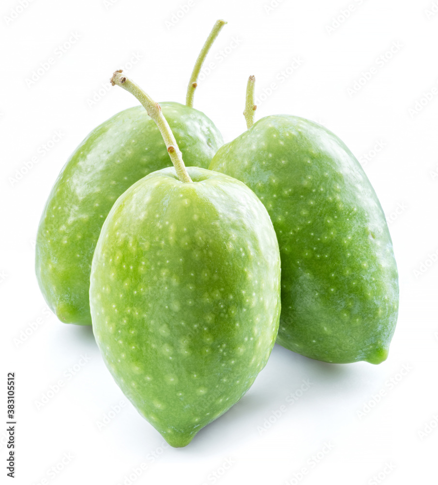 Three green natural olives isolated on a white background. Three green natural olives isolated on a white background.