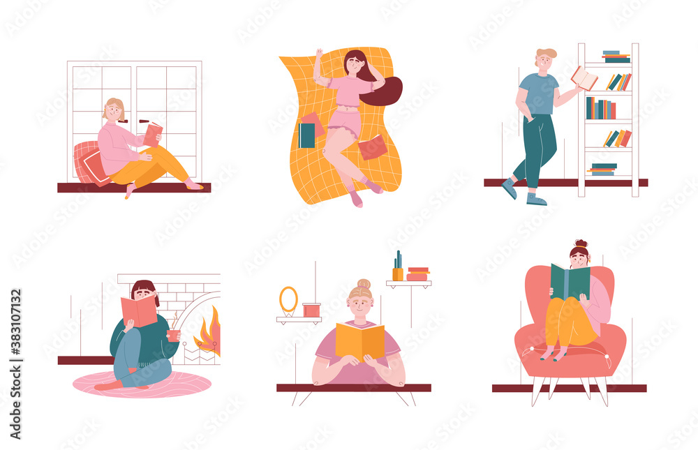 Man and woman characters reading books at home and in library. Vector illustration set of people read book. Students studying and preparing for exam