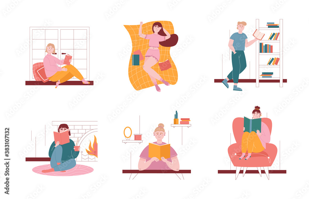 Man and woman characters reading books at home and in library. Vector illustration set of people read book. Students studying and preparing for exam Man and woman characters reading books at home and in library. Vector illustration set of people read book. Students studying and preparing for exam