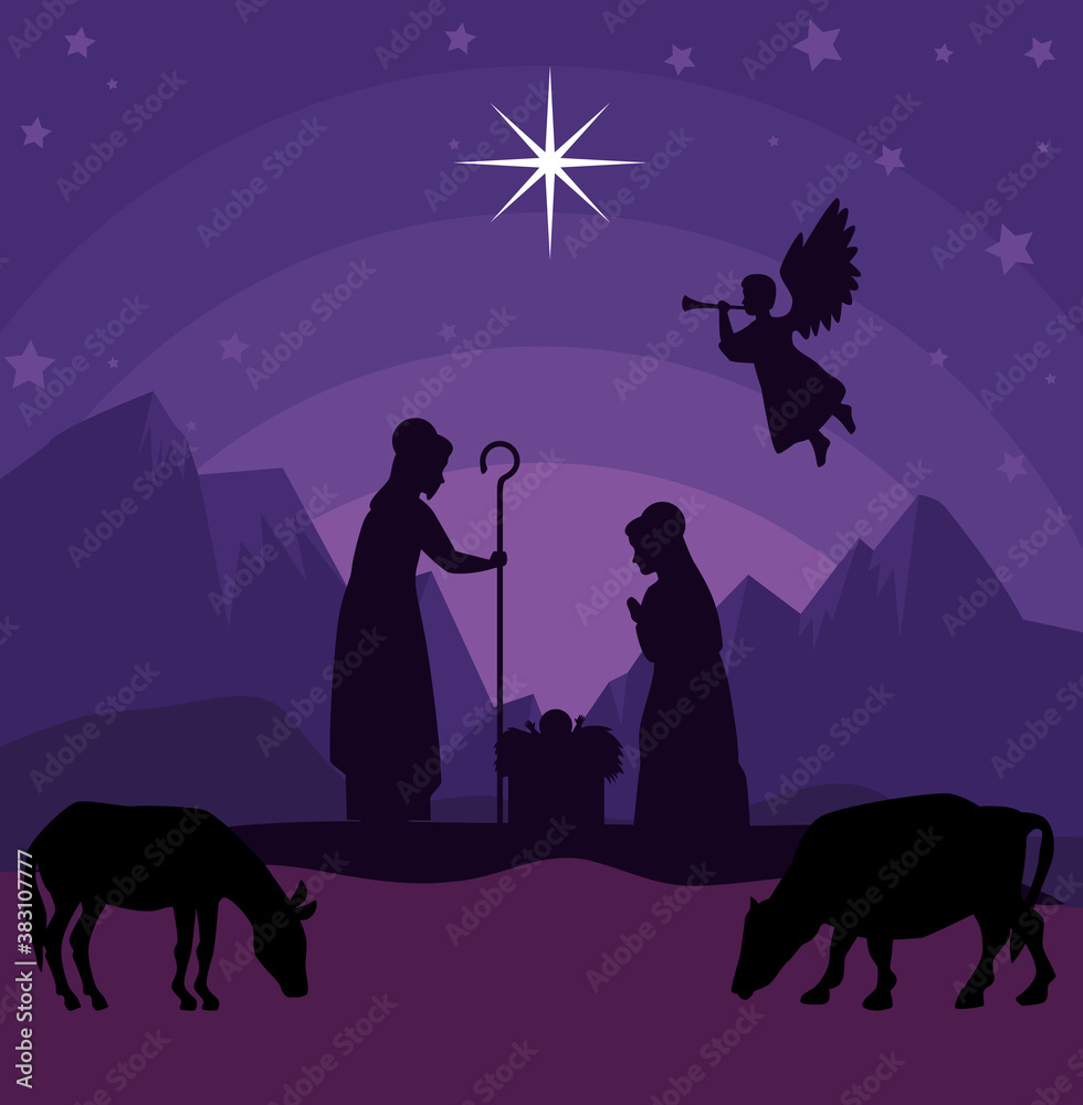 Naklejka premium merry christmas nativity mary joseph baby and cows design, winter season and decoration theme Vector illustration