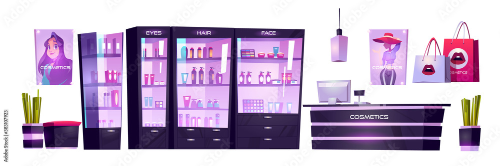 Cosmetic shop with products for makeup, skincare and perfume in showcases. Vector cartoon interior set of beauty store with cashbox on counter, shelves with goods, posters and bags