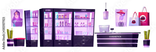 Cosmetic shop with products for makeup, skincare and perfume in showcases. Vector cartoon interior set of beauty store with cashbox on counter, shelves with goods, posters and bags