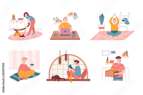Vector set of daily life routine situations. Woman and man life at home, isolated characters illustration. Yoga and meditation, reading book, working with laptop computer, vacuum cleaner, coffee