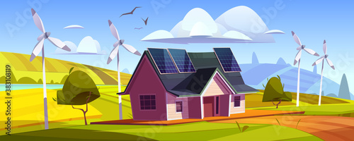 Eco friendly power generation, green energy concept. House with solar panels on roof and wind turbines. Vector cartoon landscape with modern cottage and windmills