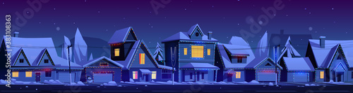 Residential houses with christmas decoration at night. Vector cartoon winter landscape with street in suburb district, cottages with snow on roofs and holiday garlands