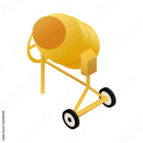 Isometric concrete mixer isolated on white background. Yellow cement-mixer with control box.  Vector illustration of building equipment