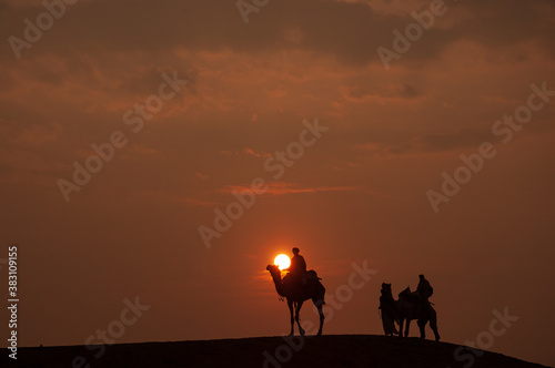 Man and a camel walking across sand dunes in Jaisalmer  Rajasthan  India.