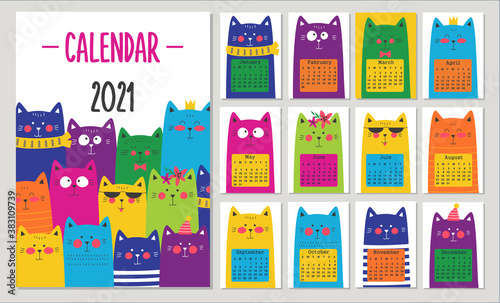 Calendar 2021 with colorful cute cats. Vector