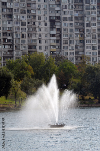Fountain on the lake, Modern residential area in Kiev. Exterior. Streets, buildings, details. Kiev ,Ukraine
