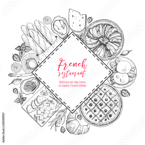 French cuisine label. A set of classic French dishes with bakery, poached eggs, pissaladier, ratatouille, oysters, cheese. Food menu design template. Hand drawn sketch vector illustration.
