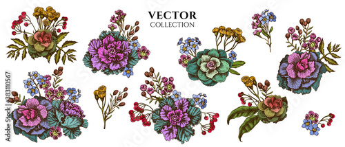Flower bouquet of colored wax flower, forget me not flower, tansy, ardisia, brassica, decorative cabbage
