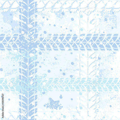 Seamless pattern with crossing tire track on snow background