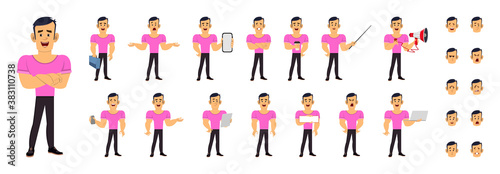 Strong boy cartoon character set. Character set in different poses or gestures