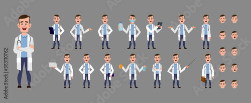 young doctor cartoon character set. Character set in different poses or gestures