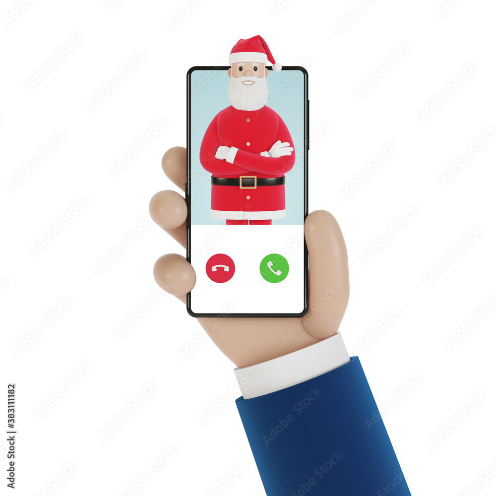 Incoming call from Santa Claus on the smartphone screen. Online shopping, Christmas gifts online. 3D illustration in cartoon style.