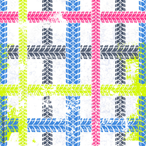 Plaid race multicolored seamless pattern with crossing tire tracks. Grunge driving background 
