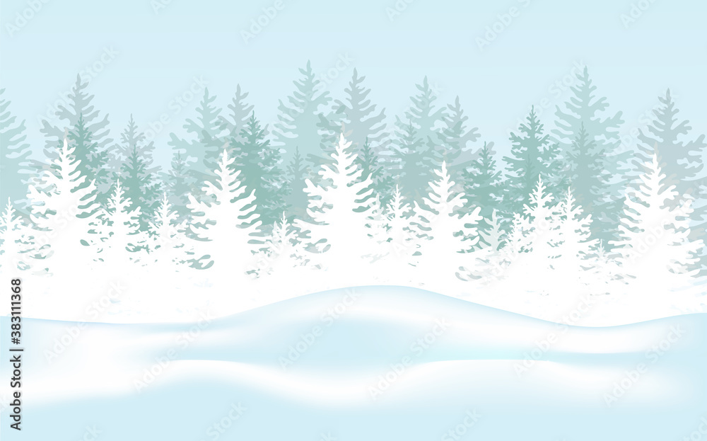 Winter Forest Landscape Snowy fir trees. Horizontal Banner Flat Vector Illustration.