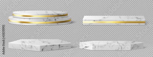 Marble pedestals or podiums with golden frames and decor, round and square borders on geometric empty stages, stone exhibit displays for product presentation, gallery platforms Realistic 3d vector set