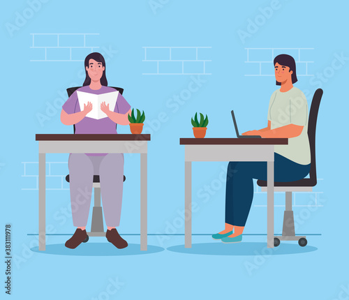 women with laptop and reading at desks design of Activity and leisure theme Vector illustration