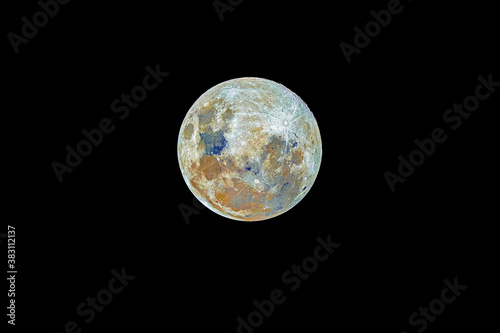 A colorful Lunar mineral map. Full moon as seeing from the southern hemisphere. Amazing the moon rough surface full of craters from meteorites coming from the universe