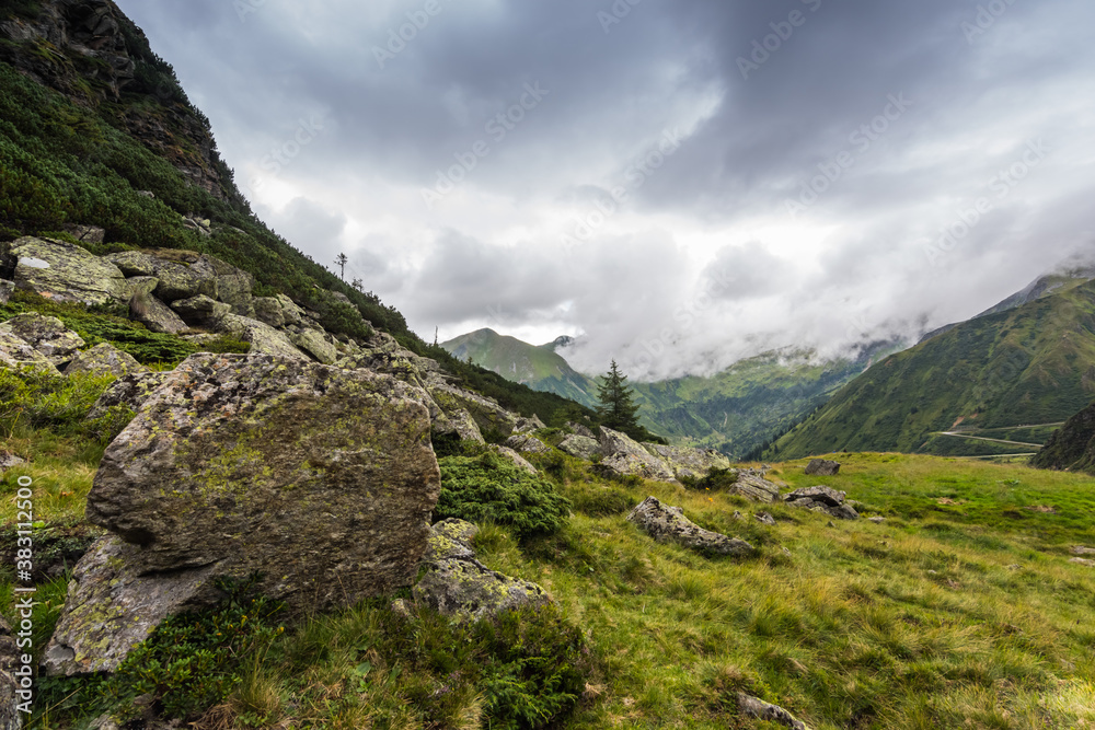 large rock on a green meadow in the mountains large rock on a green meadow in the mountains