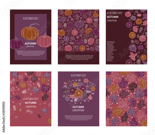 Collection of autumn sales and other typography flyer templates with text. Bright autumn leaves, berries and pumpkins. Poster, card, label, banner design set. Vector illustration