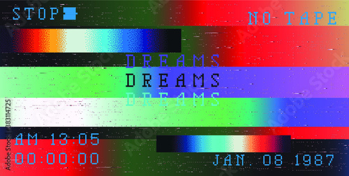 Glitch datamoshing camera effect. Retro VHS background like in old video tape rewind or no signal TV screen. Vaporwave and retrowave style vector illustration.