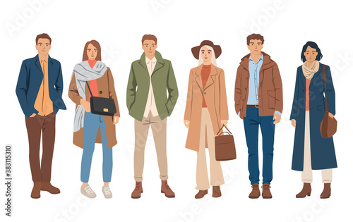 Set of young men and women standing  in spring, autumn and winter outerwear, different colors, cartoon character, silhouettes of people, students, flat icon design concept, isolated on white 
