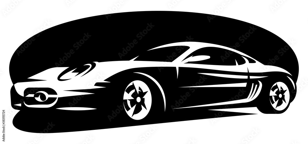 White sportcar on black background. Element for design. Monochrome vector illustration