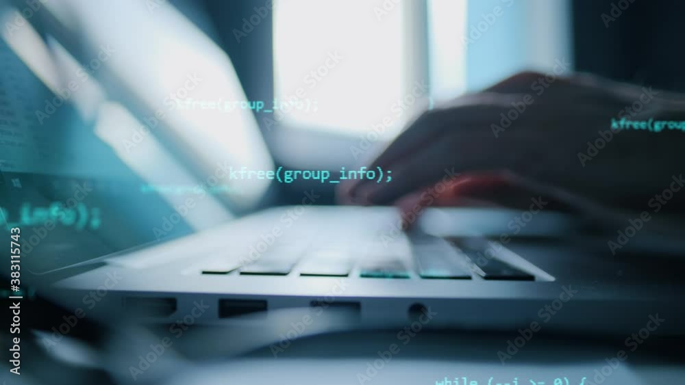 Close up hand of developing programming and coding technologies. Programmer hand typing on keyboard. Put on the wood table at night. Programmer concepts.