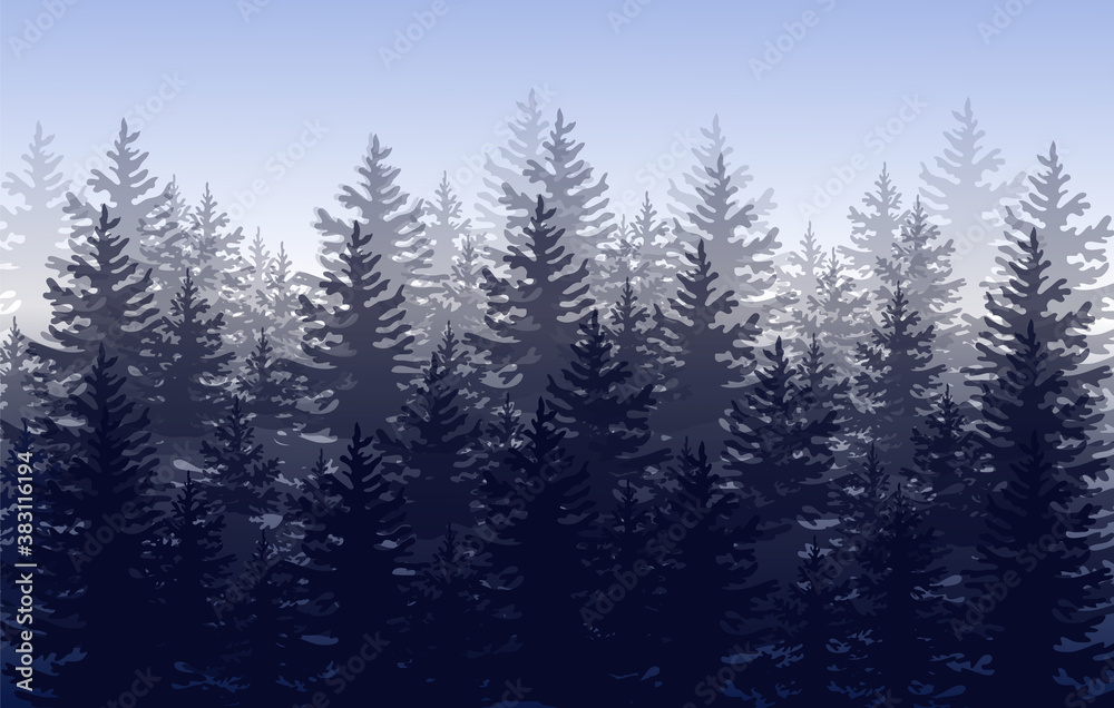 Obraz premium Vector misty forest landscape with silhouettes of coniferous trees.Vector.