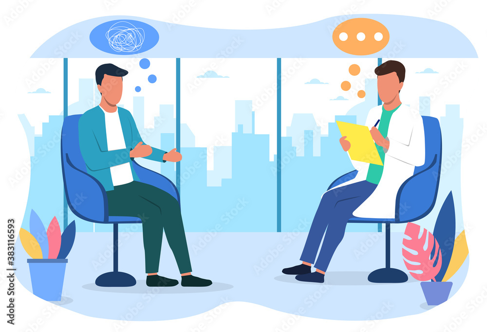 A young man at a meeting with a psychologist or psychoanalyst telling him about his problems. Flat cartoon vector illustration. A young man at a meeting with a psychologist or psychoanalyst telling him about his problems. Flat cartoon vector illustration.