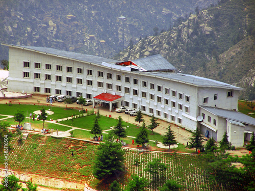 beautiful white building  in the mountains , ptdc motel in malam jabba , burned by taliban in Pakistan  photo