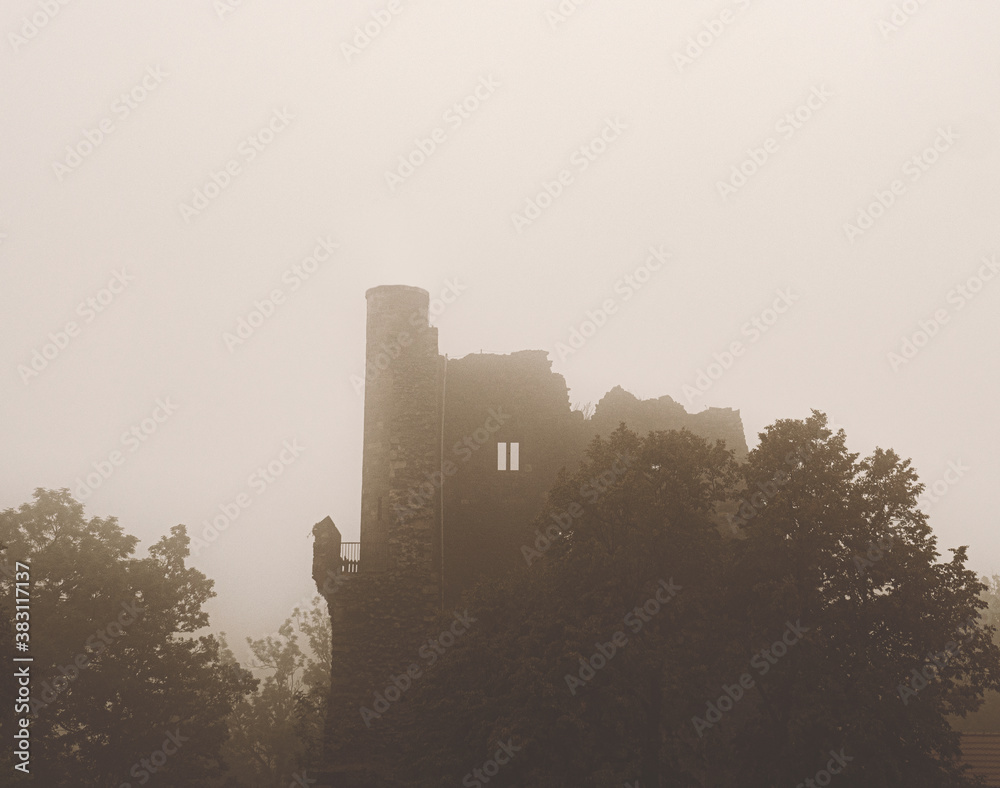 View on an aged medieval castle in a fog