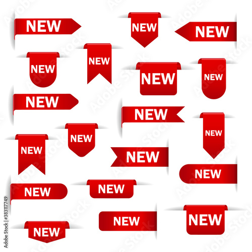 Set of new sticker. Badges with word new. Red promotion labels for arrivals shop section. Flat style cartoon. Vector illustration. Isolated on white background