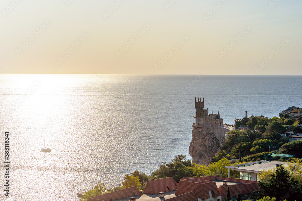 Yalta / Crimea - 22 Sep 2020: Castle of Swallow's Nest at the Black Sea coast. Beautiful tourist place in Crimea.