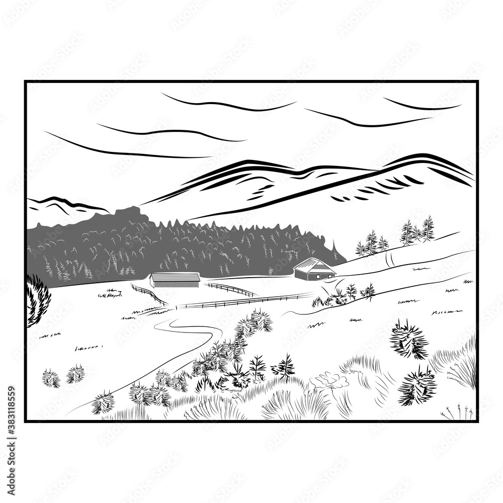 Fototapeta Hand drawn landscape with road to house and pine forest. Sketch line