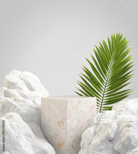 Mockup Empty Stone Podium With Natural Concept Rock And Palm Leaves Abstract Background 3d Render